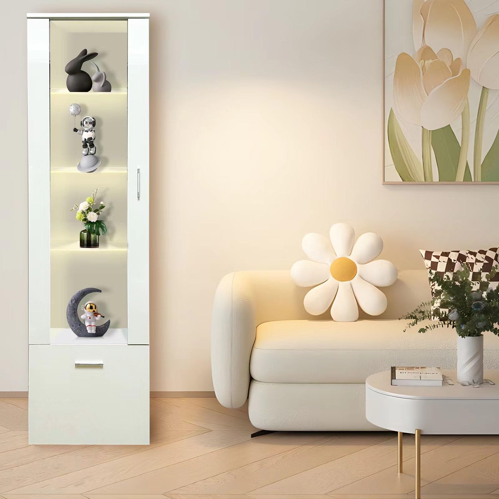 Vetrine a Led con Porta e Ripiani in Vetro, Luci per il Soggiorno e l'ufficio, 42 x 30 x 160 cm (1, Bianco)