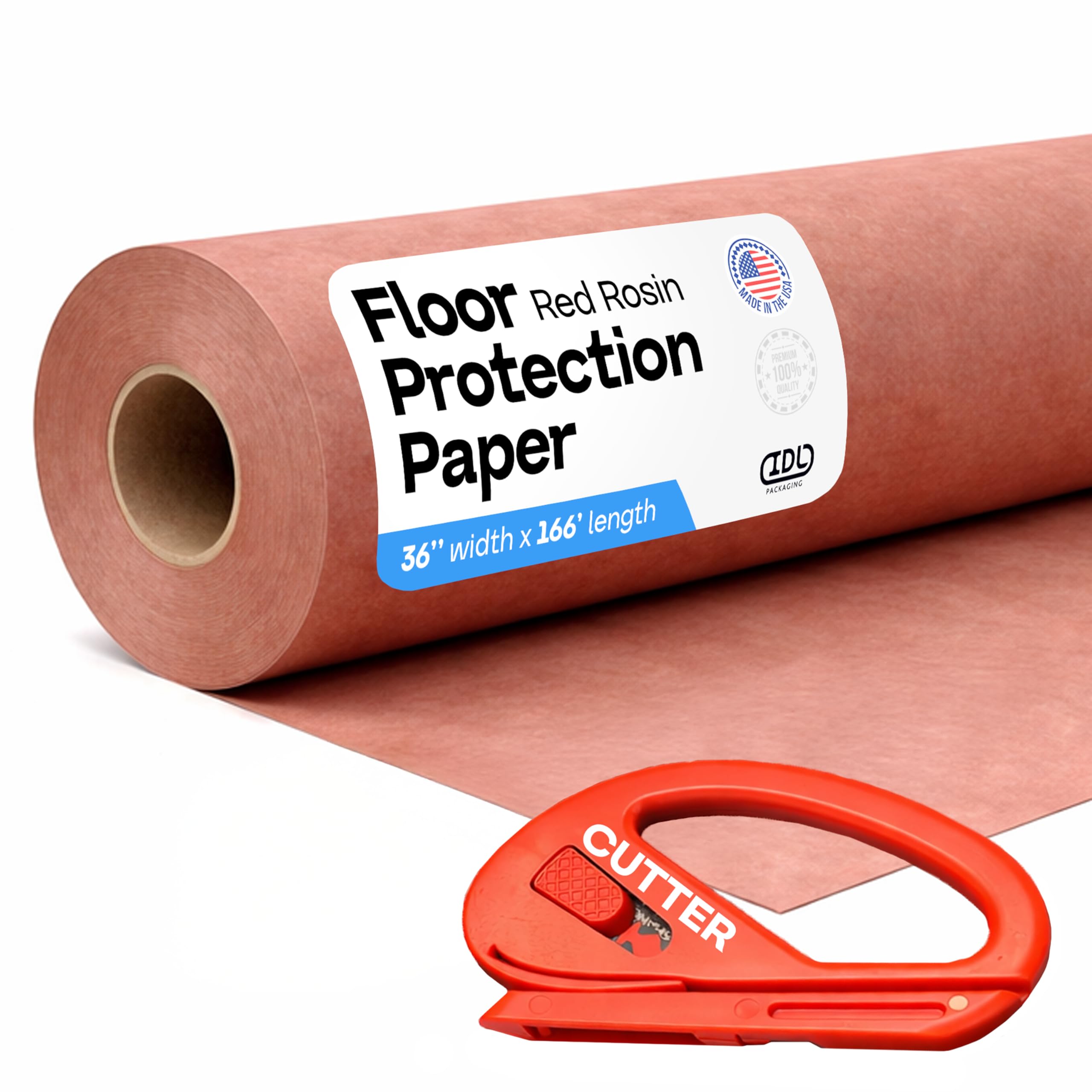 Red Rosin Masking Paper 36" x 1992" (166 feet, 498 sq.ft.) with Cutter – Thick Floor Covering (66 lbs) - USA-Made Masking Paper for Painting and Construction, Surface Protection by IDL Packaging