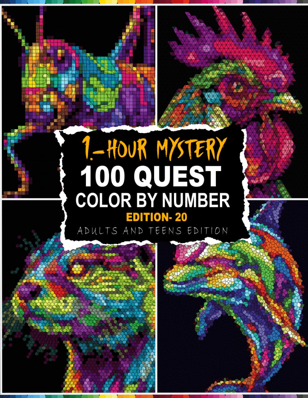 100 QUEST 1-HOUR MYSTERY MOSAIC: 100 Neon Animal Mystery Mosaics on Dark Backgrounds in 5 Unique Shapes — Glass, Circle, Triangle, Hexagon & Rectangle | Master Palette Included