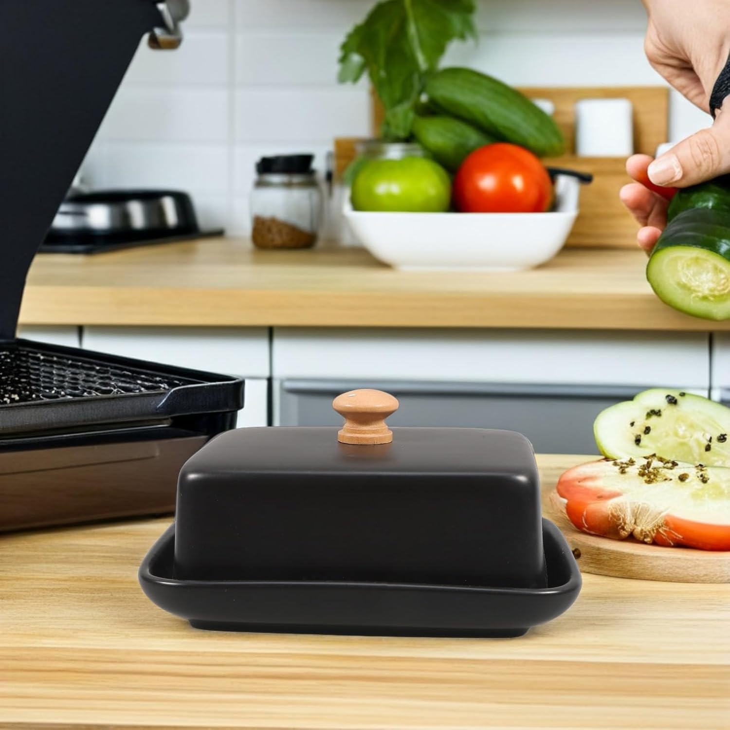 Porcelain Butter Dish with Lid for Countertop Butter Storage and Cheese Serving Farmhouse Kitchen Decor Accessory