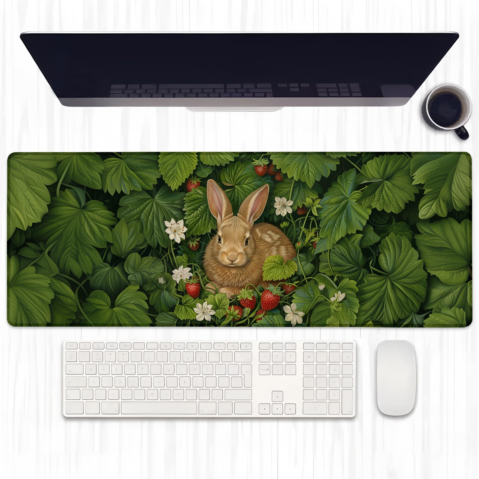 Ti Caldi Adorable Bunny Gaming Mouse Pad, Extended Strawberry Garden Rabbits Desk Mat Computer Laptop Mousepad, Robust Stitched Edges, 31.5"×11.8" Large Office Keyboard Mouse Pads for Desktop Decor