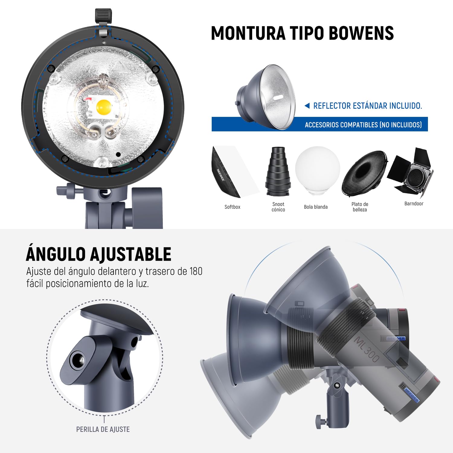 NEEWER ML300 300W GN60 Flash Strobe para Estudio al Aire Libre Alimentado por batería Li-Ion Monolight inalámbrico con 2,4G Disparador inalámbrico, 1000 Flashes de Plena Potencia, Reciclar en 0,4-2,5