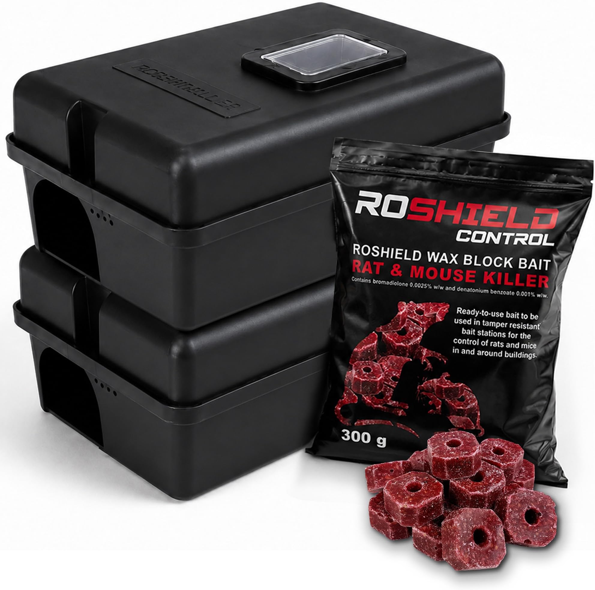 Roshield External Tamper Proof Rodent Bait Box & Wax Block Rat Poison Kit - Garden & Home Treatment Killer Safety Kit (2 Boxes & 300g Blocks)