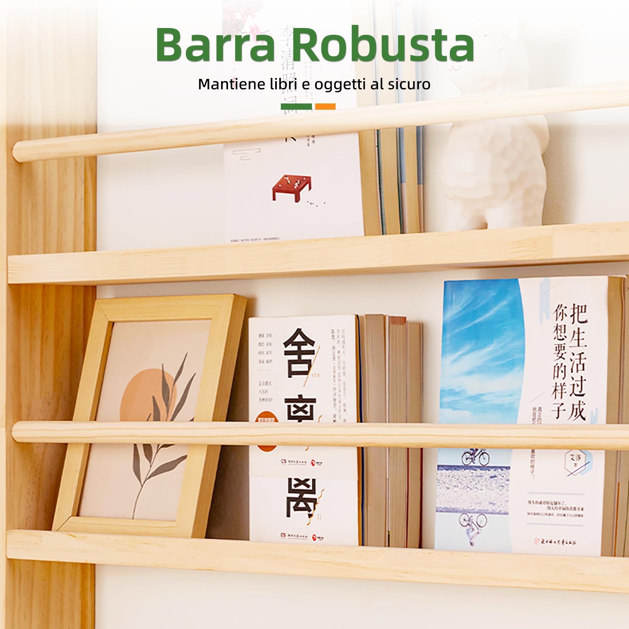 Libreria in Legno Massello con 5 Ripiani, Salvaspazio | Scaffale Porta Libri Verticale Slim con Barra Anticaduta| Profondità 10 cm per Cameretta e Soggiorno