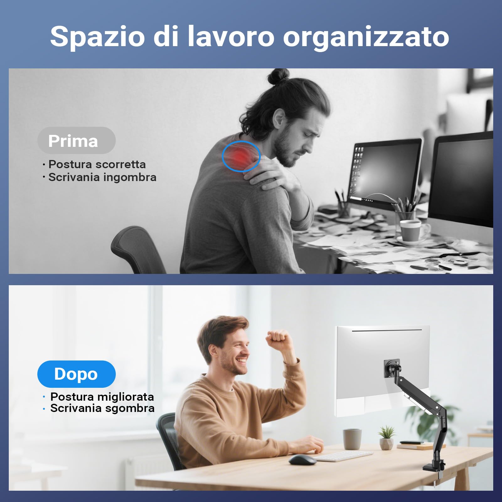 Wiltec Braccio monitor da scrivania Supporto per schermi da 17 a 57" conforme a VESA, con molla a gas