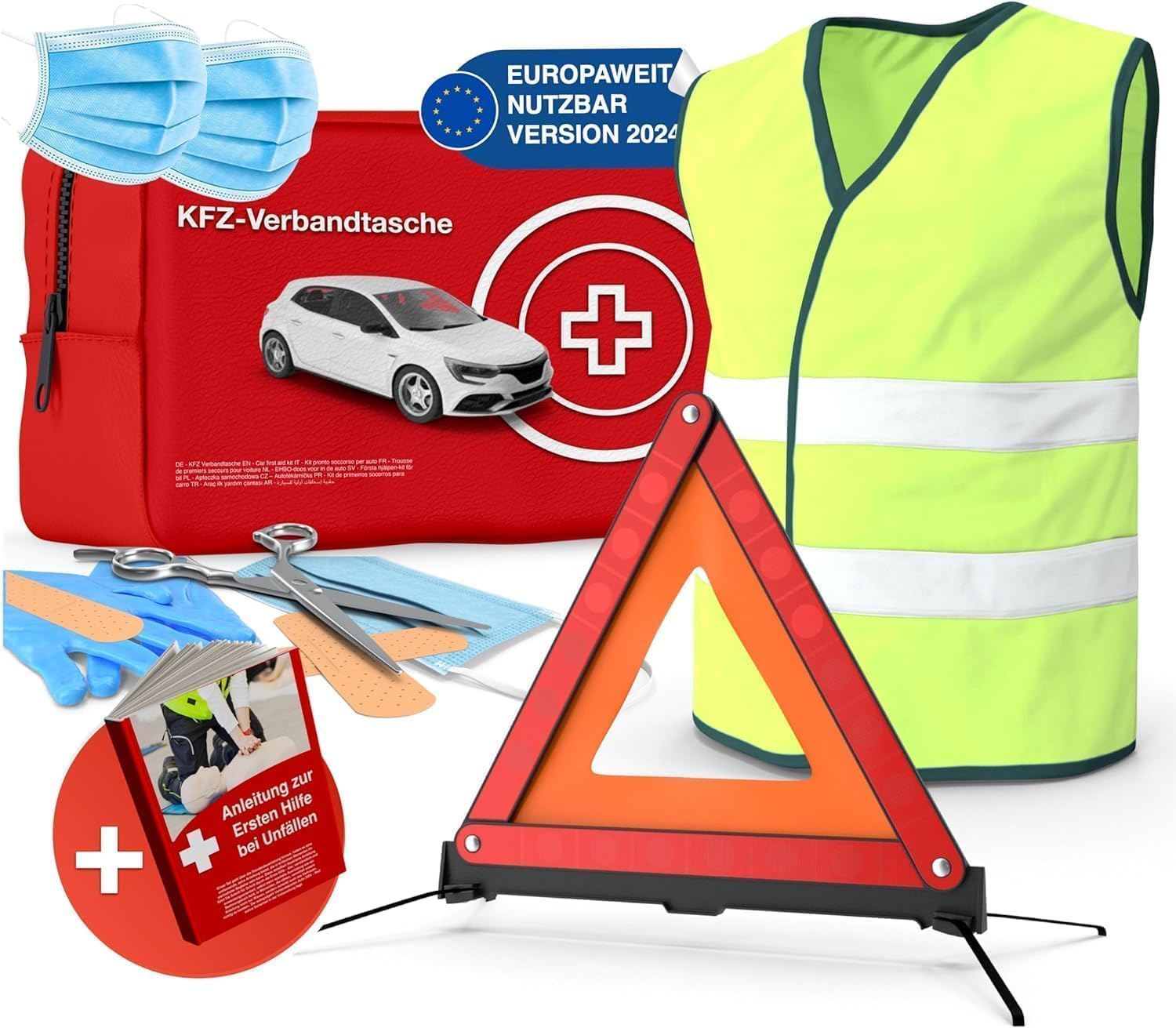 Kit 3 en 1 - Kit de premiers secours pour voiture 2024 : trousse de secours conforme à la norme EN ISO 20471, trousse de secours et gilet de sécurité, triangle de signalisation - Accessoires pour voit