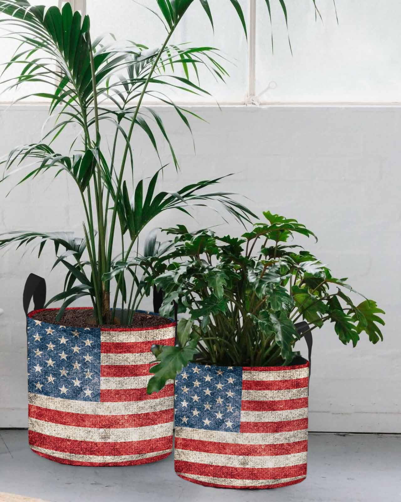 Sacs de culture de 5 gallons - Sac de plantation vintage - Drapeau américain - En tissu à rayures rouges - Avec poignée - Sac de culture pour légumes, pommes de terre, tomates, étoile patriotique sur
