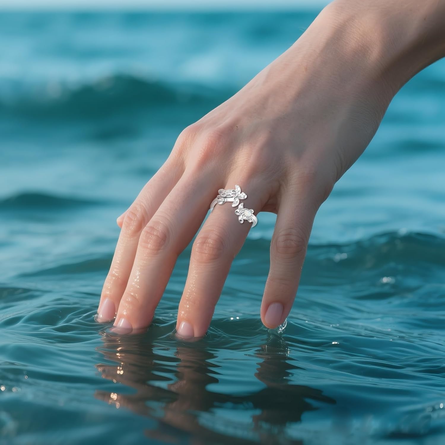 Sea Turtle Ring 925 Sterling Silver Opal Turtle Adjustable Ring Ocean Jewelry Gift for Women