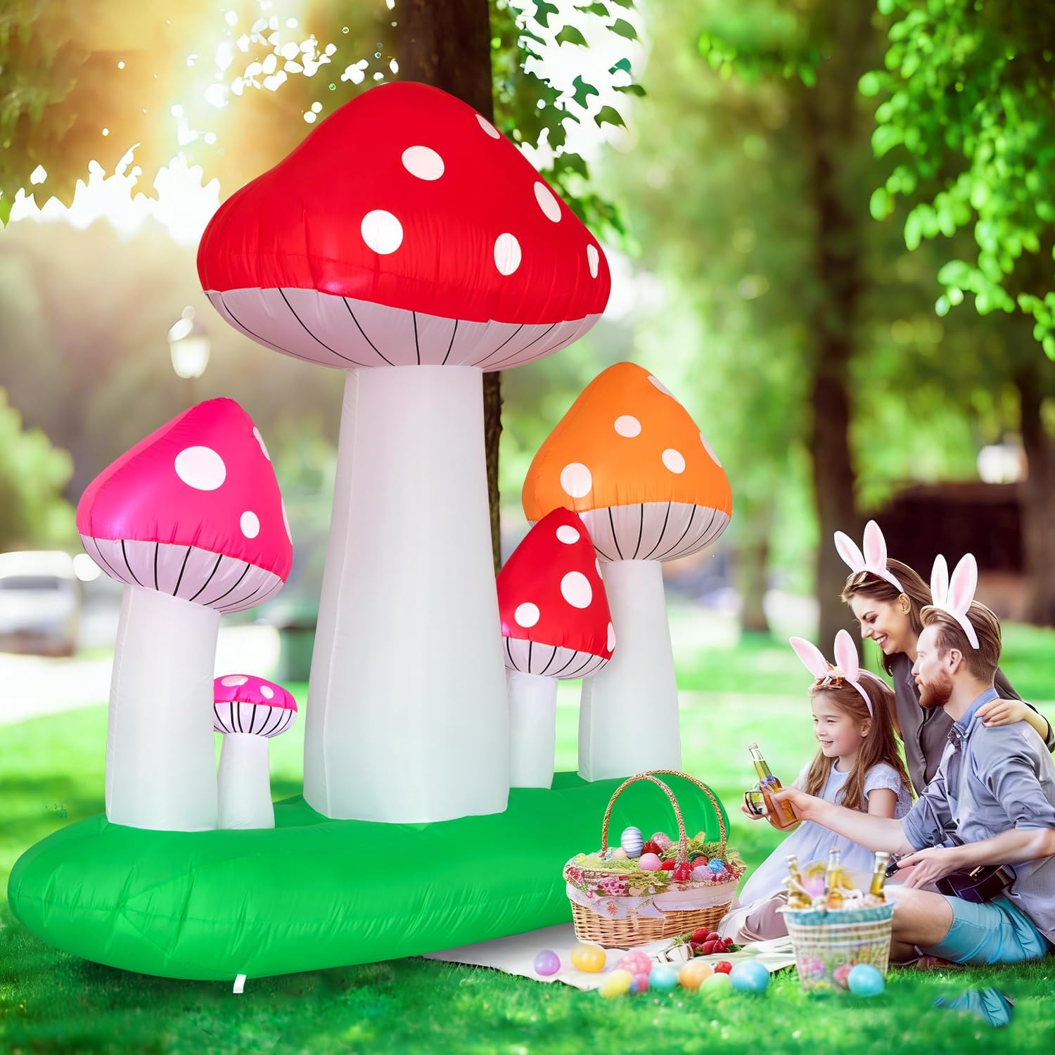 Spinosaurus 7FT Spring Inflatable Mushroom Easter Inflatables Outdoor Decorations Blow Up Large Mushroom with Led Lights Yard Garden Decor for Outside