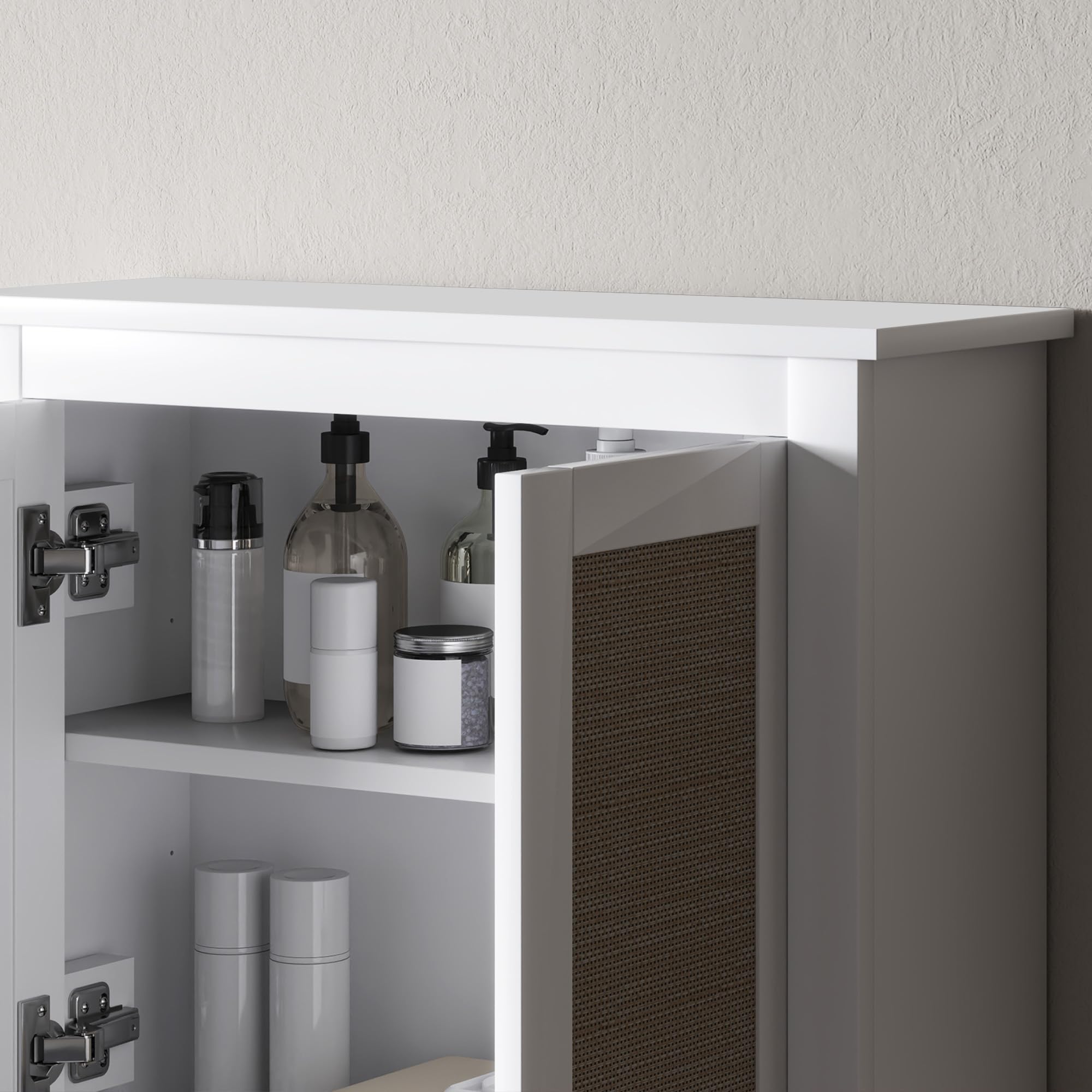 HOMCOM Armario de Pared para Baño Mueble Baño Suspendido 60 cm Blanco | 2 Puertas de Ratán PE, Estante Ajustable, Multiusos, 60x19,5x49,4 cm