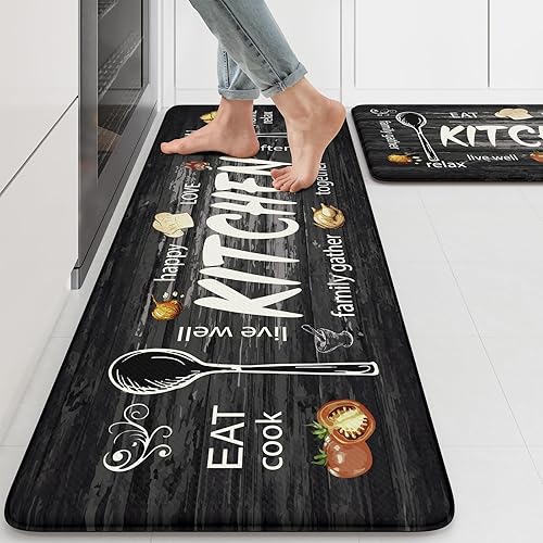 Vista 238 de KIMODE - Juego de 2 tapetes de cocina antifatiga, estilo vintage, antideslizantes, impermeables, ergonómicos, acolchados, cómodos para lavandería