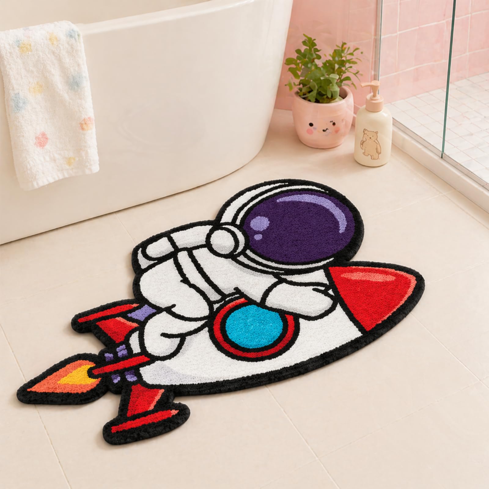 Dunzy Space Rocket Bath Mat Cartoon Bathroom Decor No Slip Shower Rug