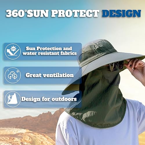 Miniatura 2 de Sombrero de sol para hombre, protección UV, sombrero de pesca impermeable de ala ancha con solapa extraíble y solapa para el cuello