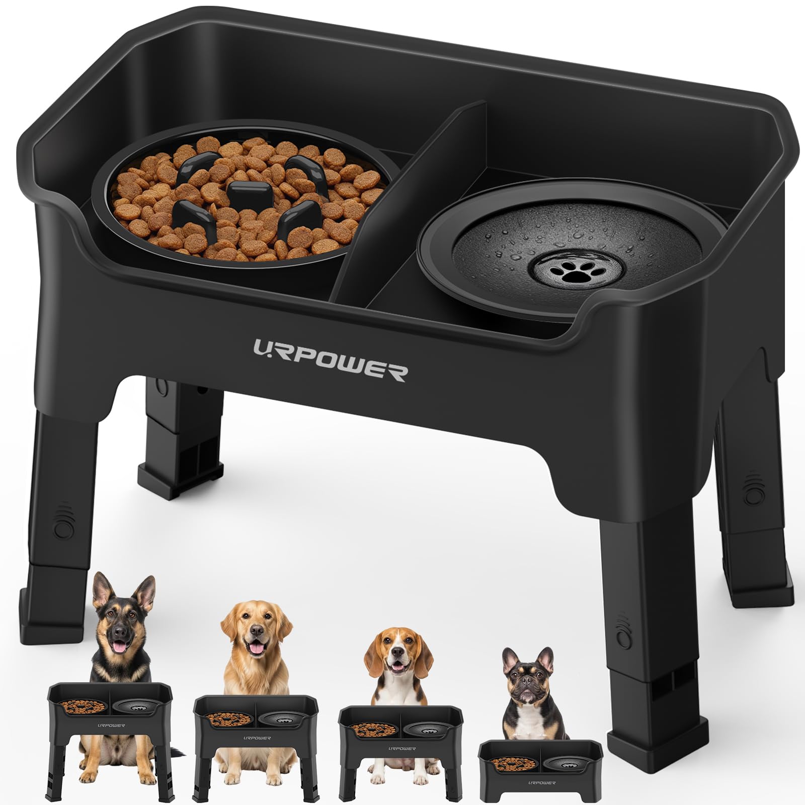 URPOWER Mess Proof Elevated Dog Bowls set with stand, water bowl, and slow feeder bowl in black