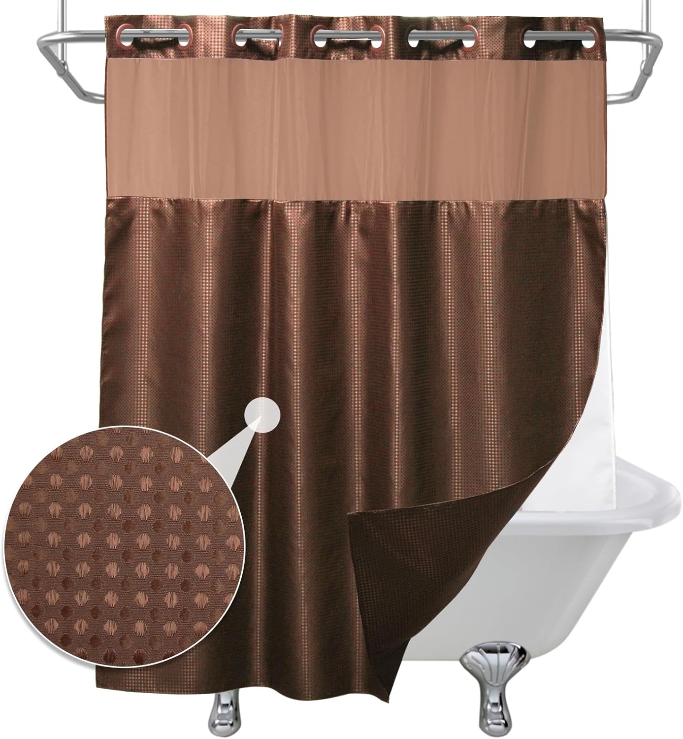 Brown Waffle Weave Shower Curtain with Snap in Liner Polyester Fabric Hotel and Spa Bathroom Decor Set Waterproof Detachable Washable No Hook 72 W x 74 H Inch