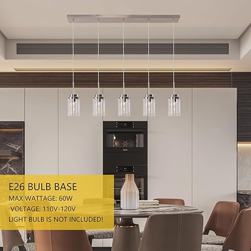 Miniatura 5 de Syveyilla 5 luces de isla para cocina, modernos candelabros lineales industriales de níquel cepillado con pantalla de vidrio transparente para