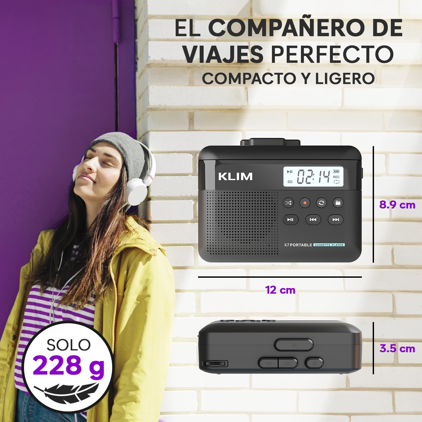 KLIM K7 Reproductor Cassette con Auriculares F1 - Conversor de Cassette a MP3 - Player Portátil con Micrófono y Altavoz Integrados - Batería Recargable - Auriculares - Tarjeta SD 16 GB - Negro