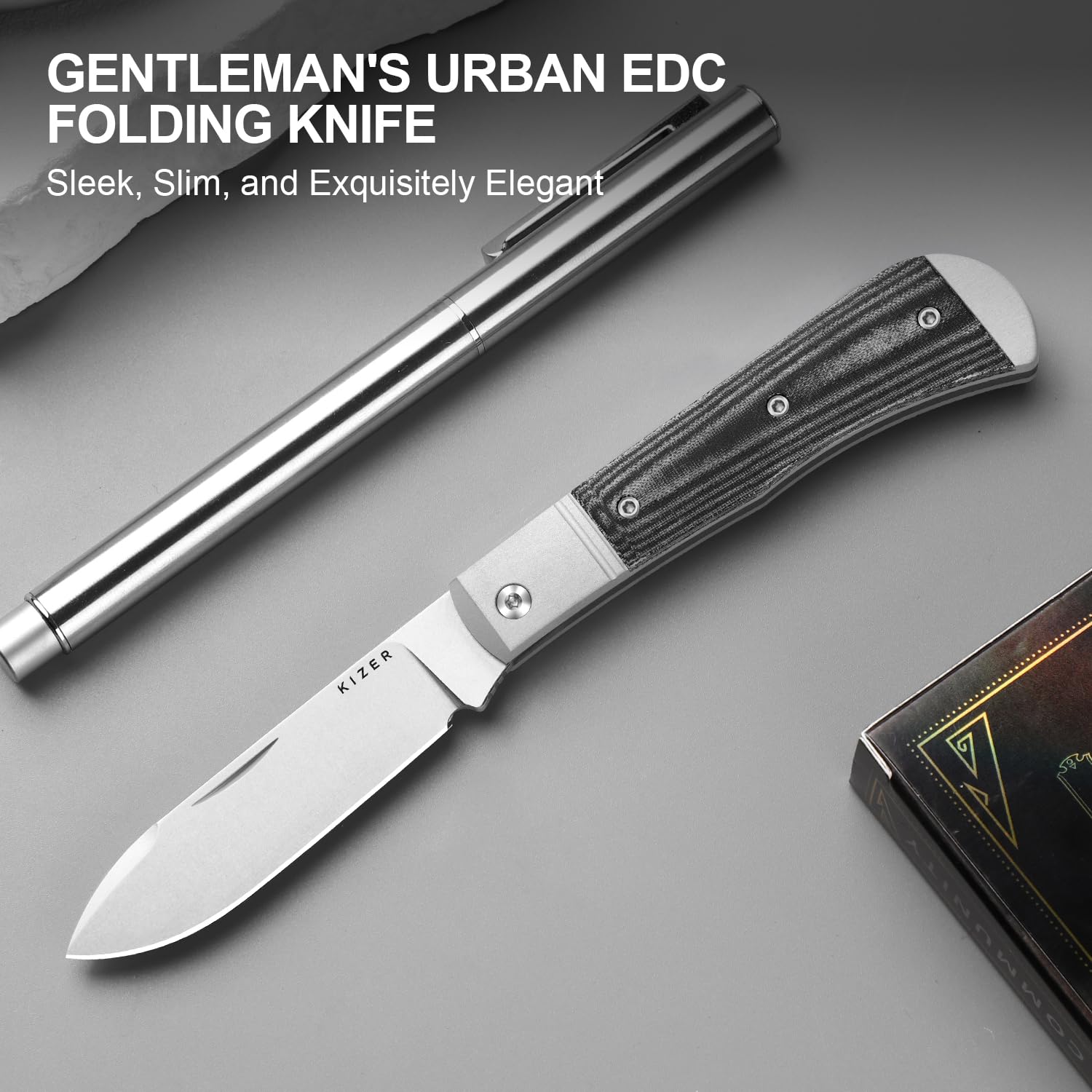 Kizer Trestle D Taschenmesser, 7,5 cm Nitro-V-Klinge und Silber-Aluminium mit Schwarz Norplex UltreX™ Micarta Griff, Kleines EDC Klappmesser, V3760A1
