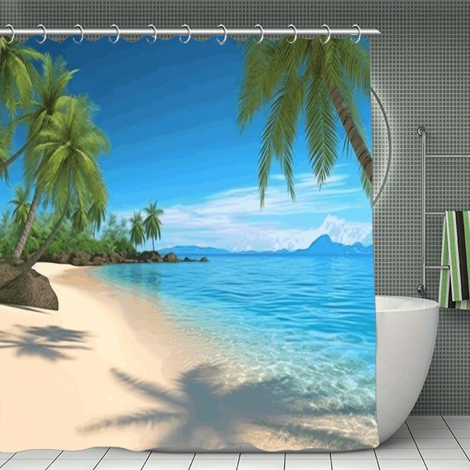 VstaDank Hawaiian Beach with Palm Trees Shower Curtain Waterproof Bathroom Curtain with Hooks Luxury Weighted Bath Curtains for Bathtubs Showers Room Dividers Decorative Shower Curtains 71x71 in