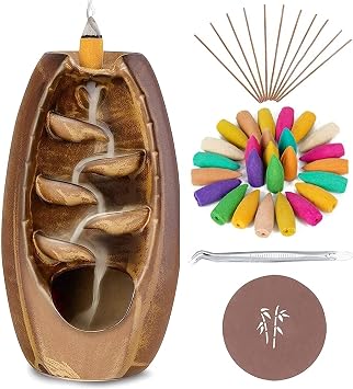 Anbar Backflow Incense Burner with 120 Cones, 30 Sticks, Tongs, and Table Mat, Natural Aromatherapy with Ceramic Smoke Waterfall, Supports Meditation and Relaxation, Home Decor Brown