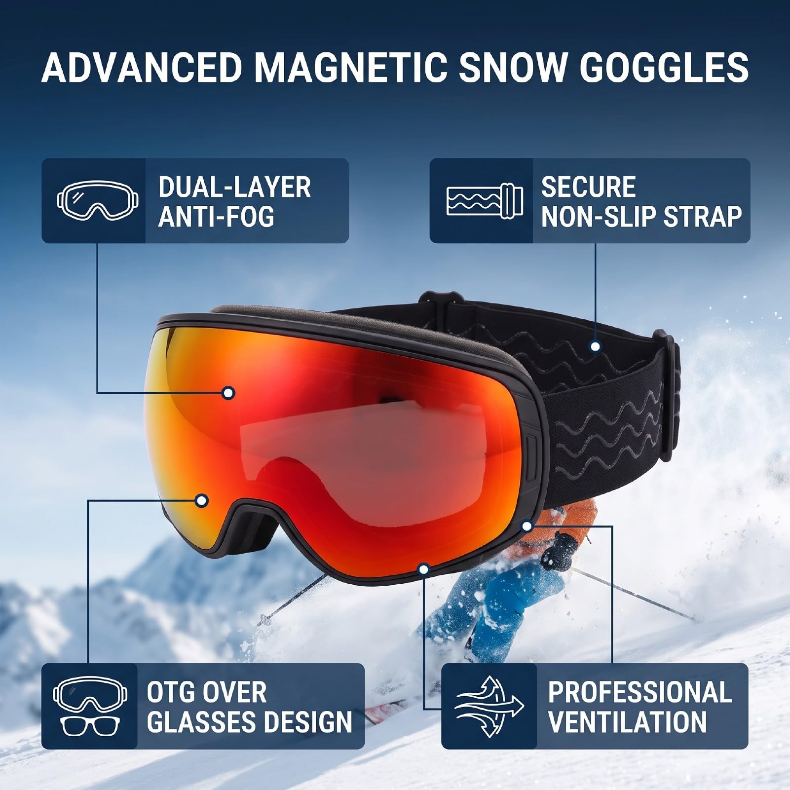 Magnetic Ski Goggles, OTG Design for Glasses | Anti-buée, sangle réglable, verres double couche, léger, sports d\'hiver