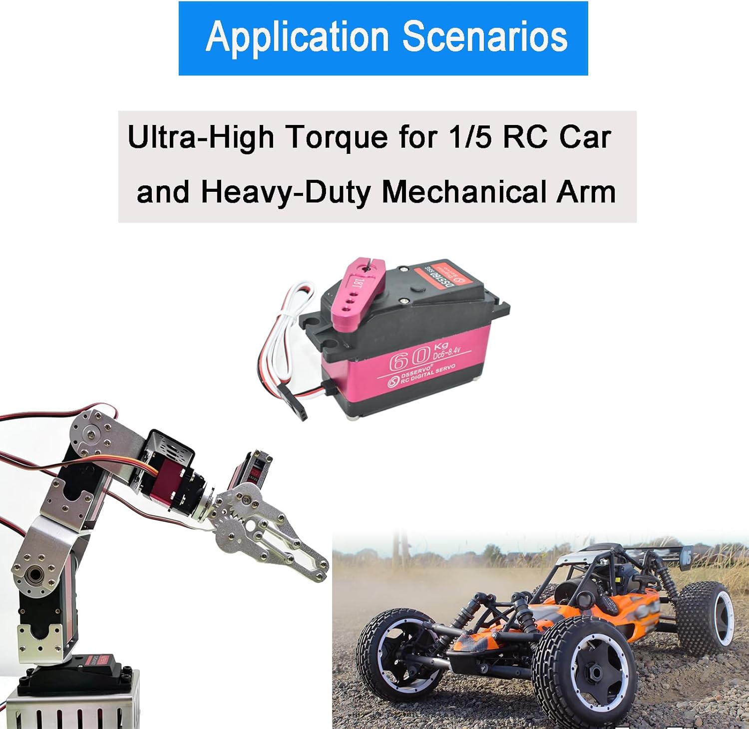 60KG Digital Servo 6V-8.4V DS5160 High Voltage Stainless Steel Gear Large Torque High Speed Waterproof RC Servo for 1/5 Baja Car Truck Buggy Robotic Projects