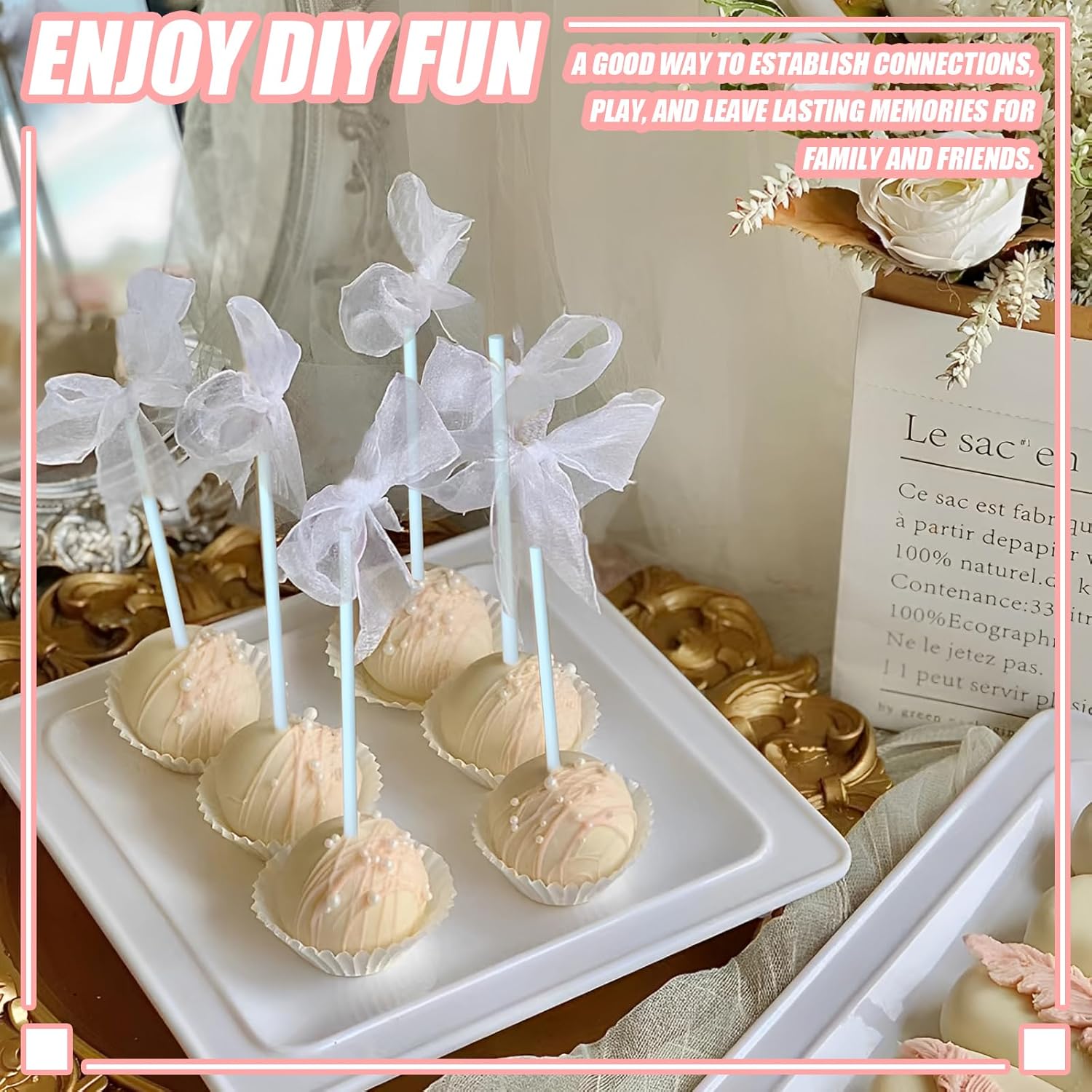 Cake Pop Sticks and Wrappers,Cake Pop Maker Set Include 100 Cake Pop Bags,Lollipop Sticks and Gold Metallic Twist Ties Meat Baller with One Handles Cake Pops Making Tools for Candies and Chocolates