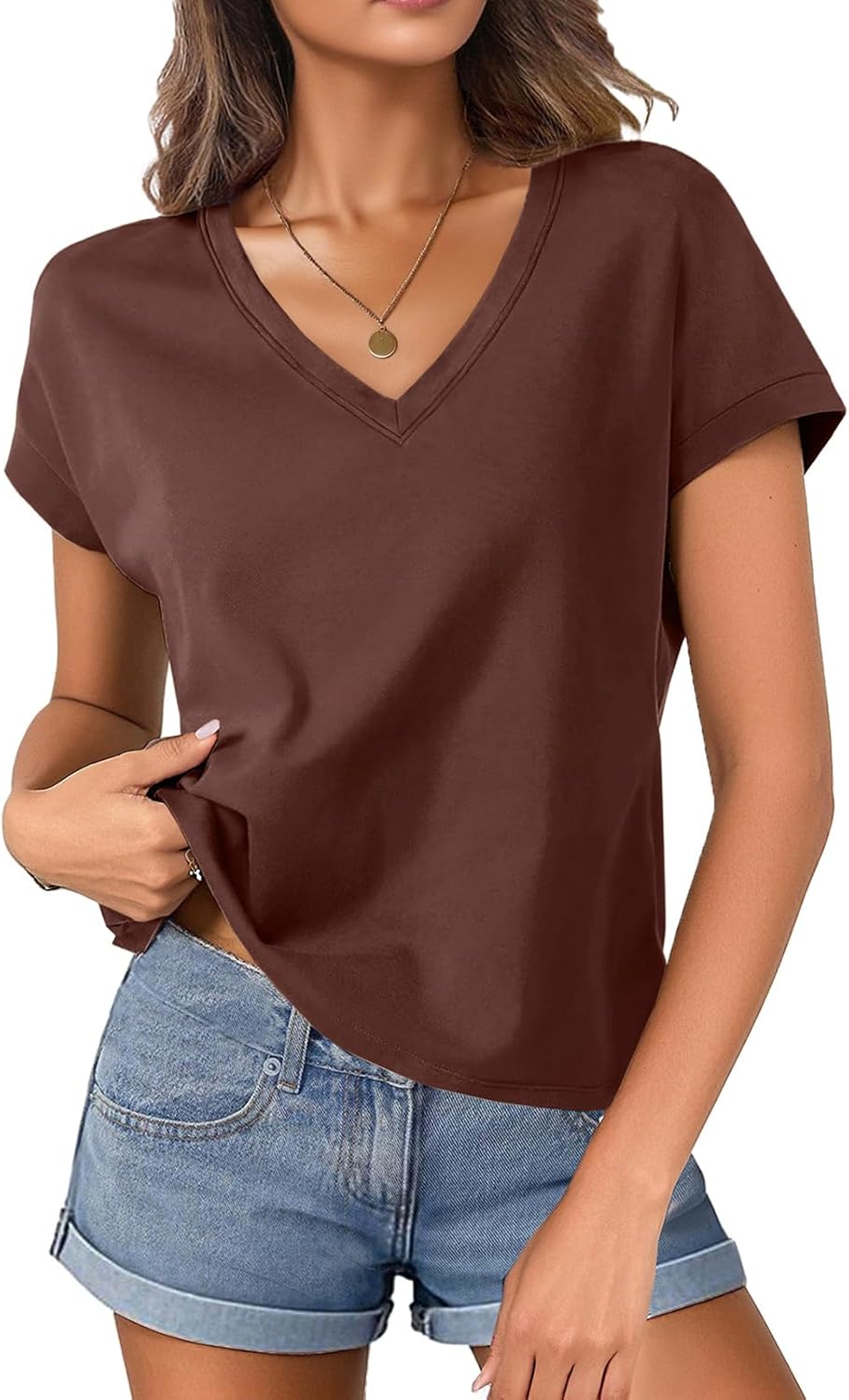 Oymyakon Women Cotton Cap Sleeve Tops Cropped V Neck T Shirts Boxy Tee Shirt Loose Fit Short Sleeves Casual Summer Blouse