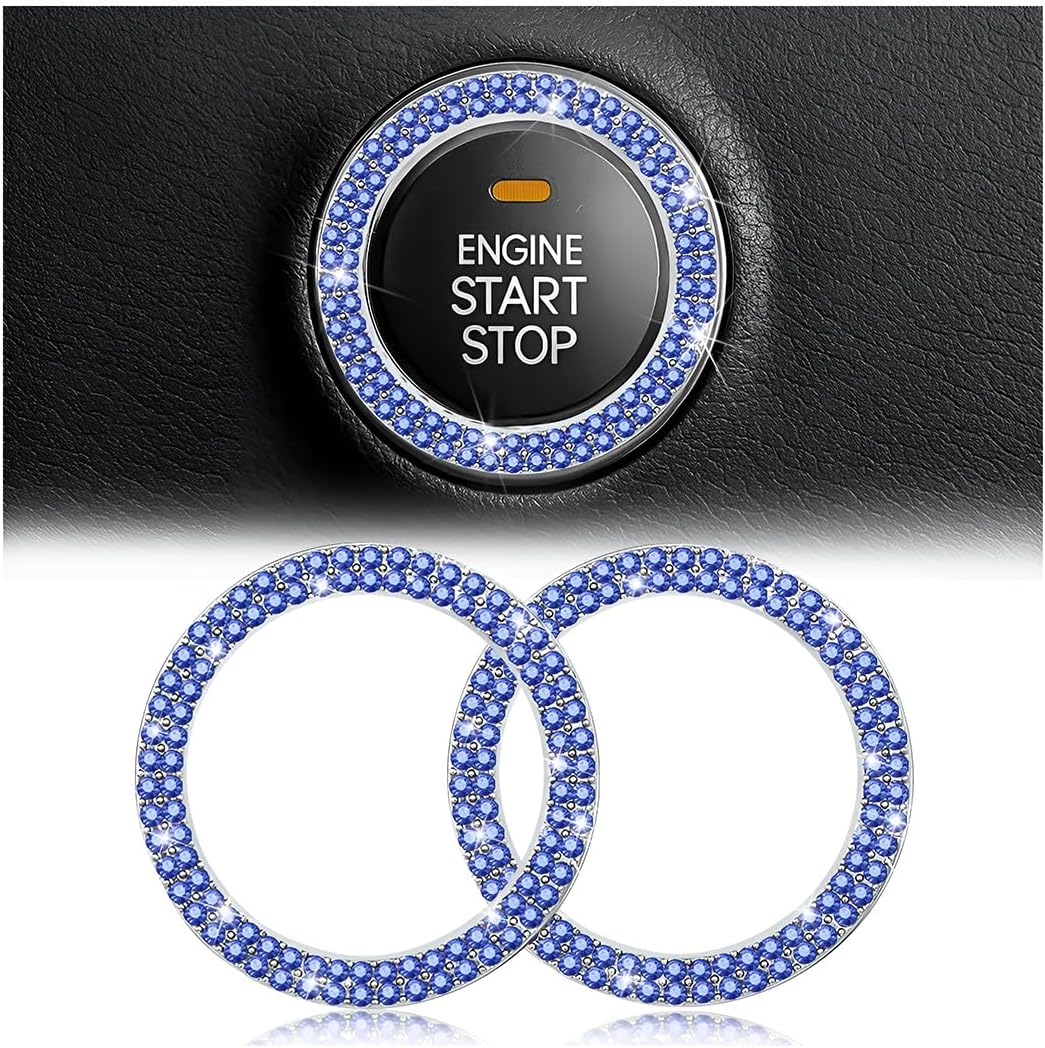 2 Pack Car Push Start Button Cover/Sticker, Key Ignition Knob Bling Ring, Sparkling Car Interior Accessories for Women (Double Blue)