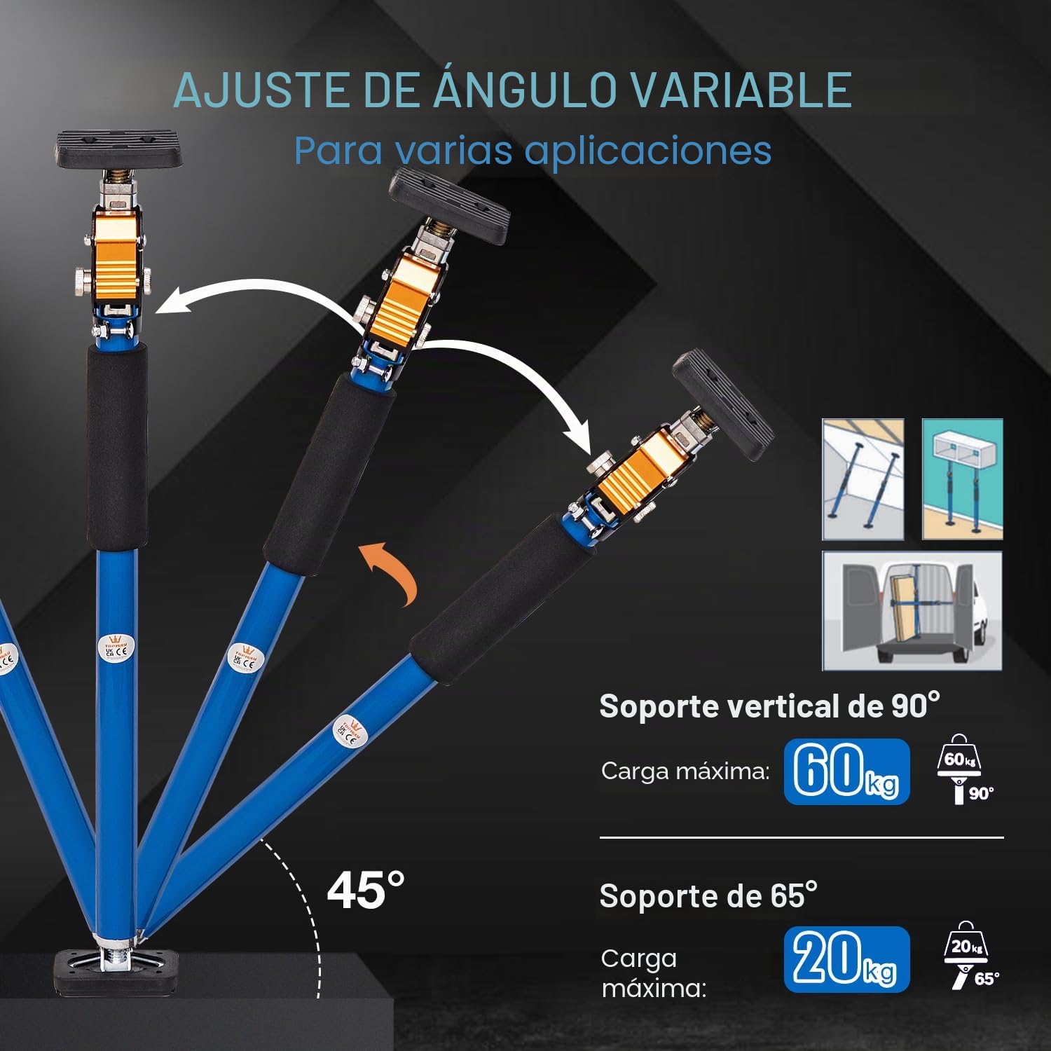 TOPWAY Pack 2 puntales telescópicos para placa de yeso 600‑1000 mm – soporte de techo ajustable rápido de acero para encimeras, marcos de puertas – carga hasta 60 kg