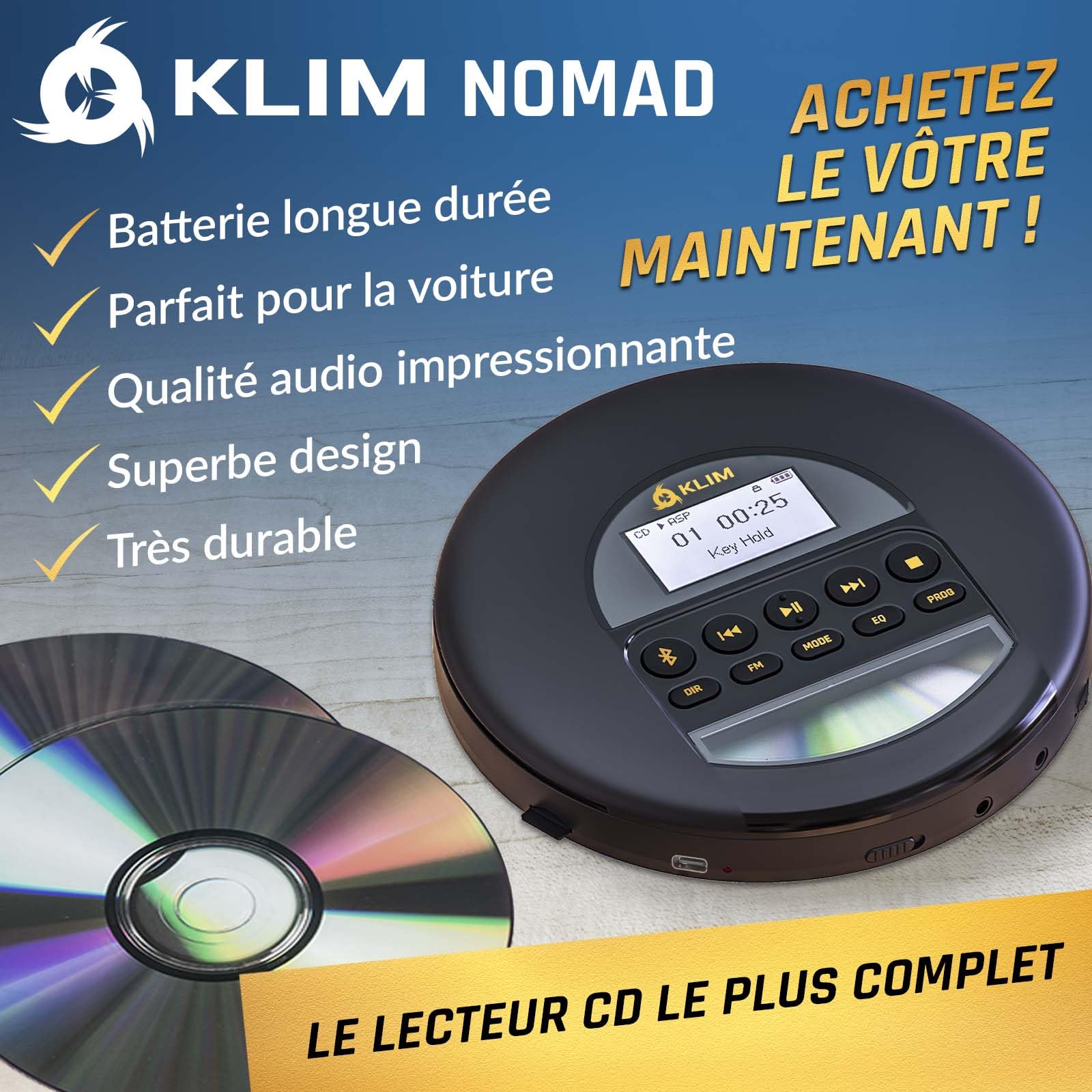 KLIM Nomad - Nouveauté - Lecteur CD Portable - Batterie Intégrée Longue Durée - avec Écouteurs - Compatible CD-R, CD-RW, MP3 - Bluetooth Baladeur Lecteur CD pour Voiture, Maison, Extérieur - Or