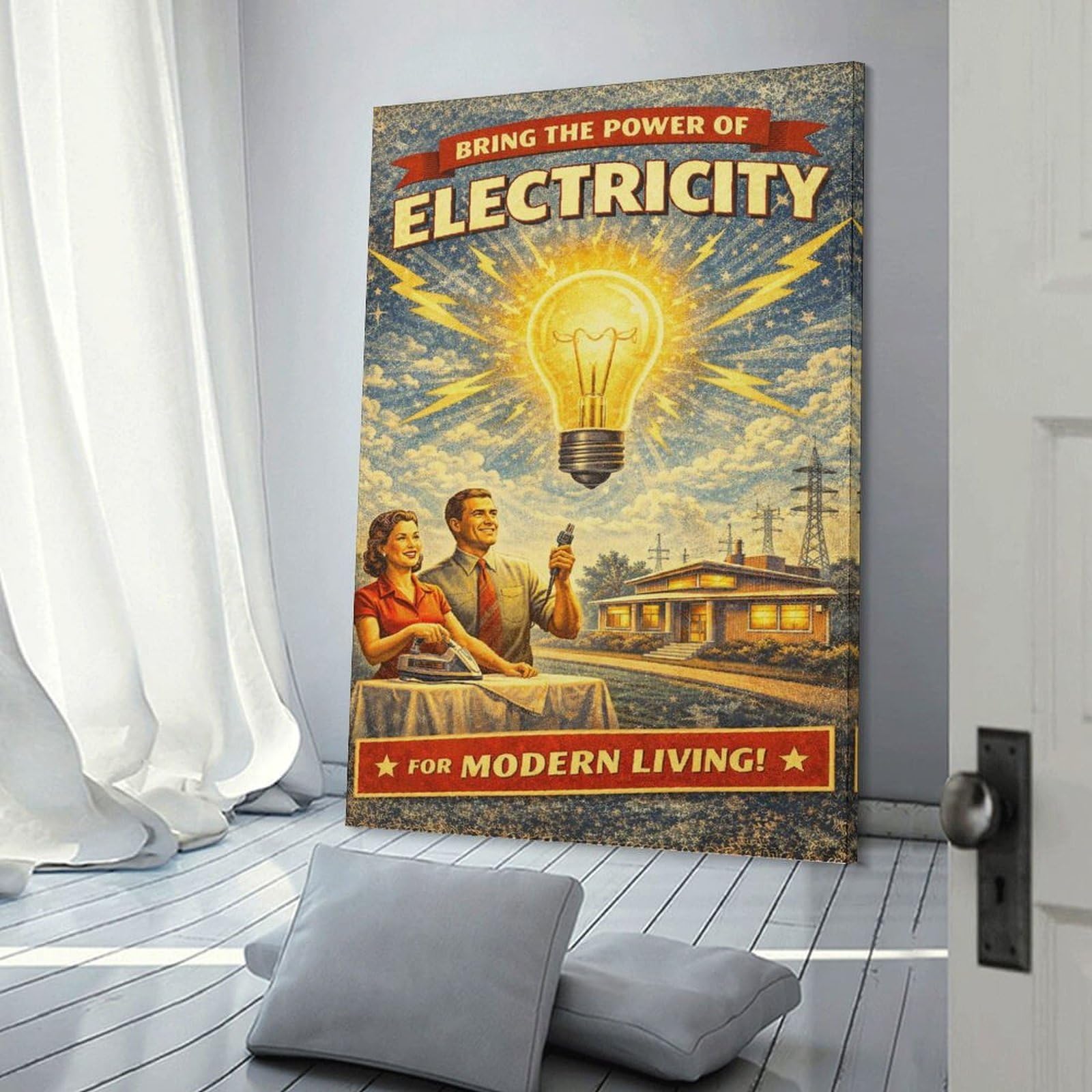 Junmoney Wall Decor Canvas Print Retro Electricity for Modern Living, 20x30inch(50x75cm), for Front Hall, Corridor Or Welcome Spaces, A Neat Decor Update for Hallways