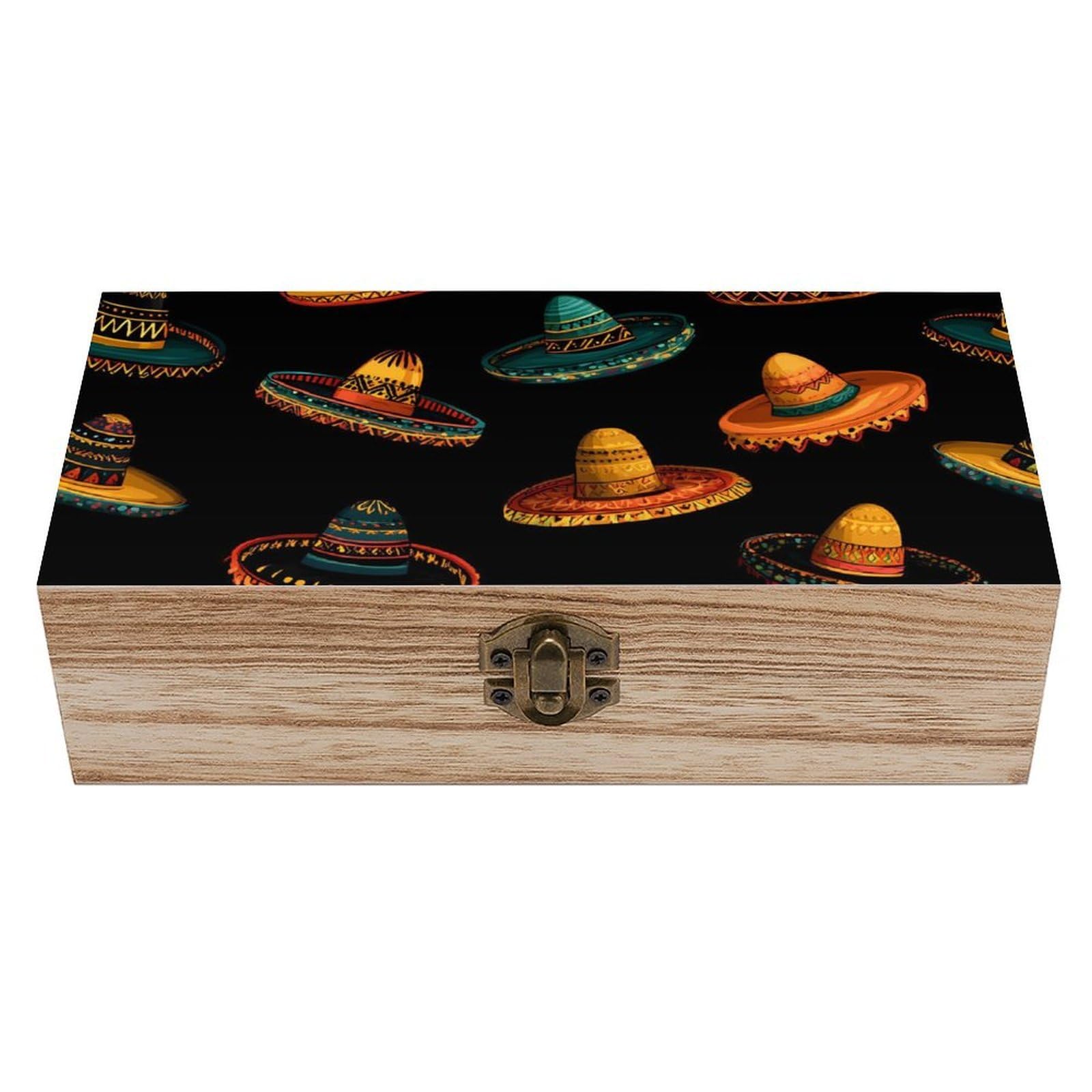 HLBSDM Mexican Cinco-De-Mayo Wooden Box with Hinged Lid Decorative Storage Case Container