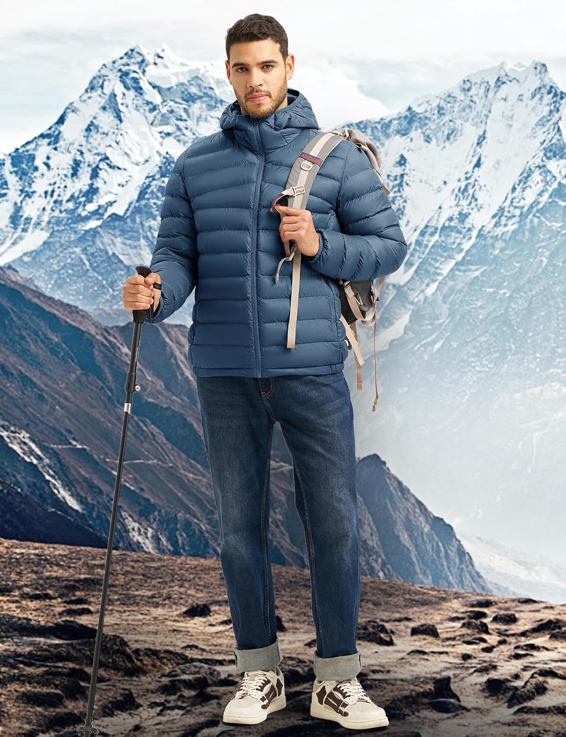 Rdruko Men's Puffer Jacket with Hood Packable Lightweight High Collar Puffy Winter Coat for Hiking Travel,Dark Blue,L - Image 3