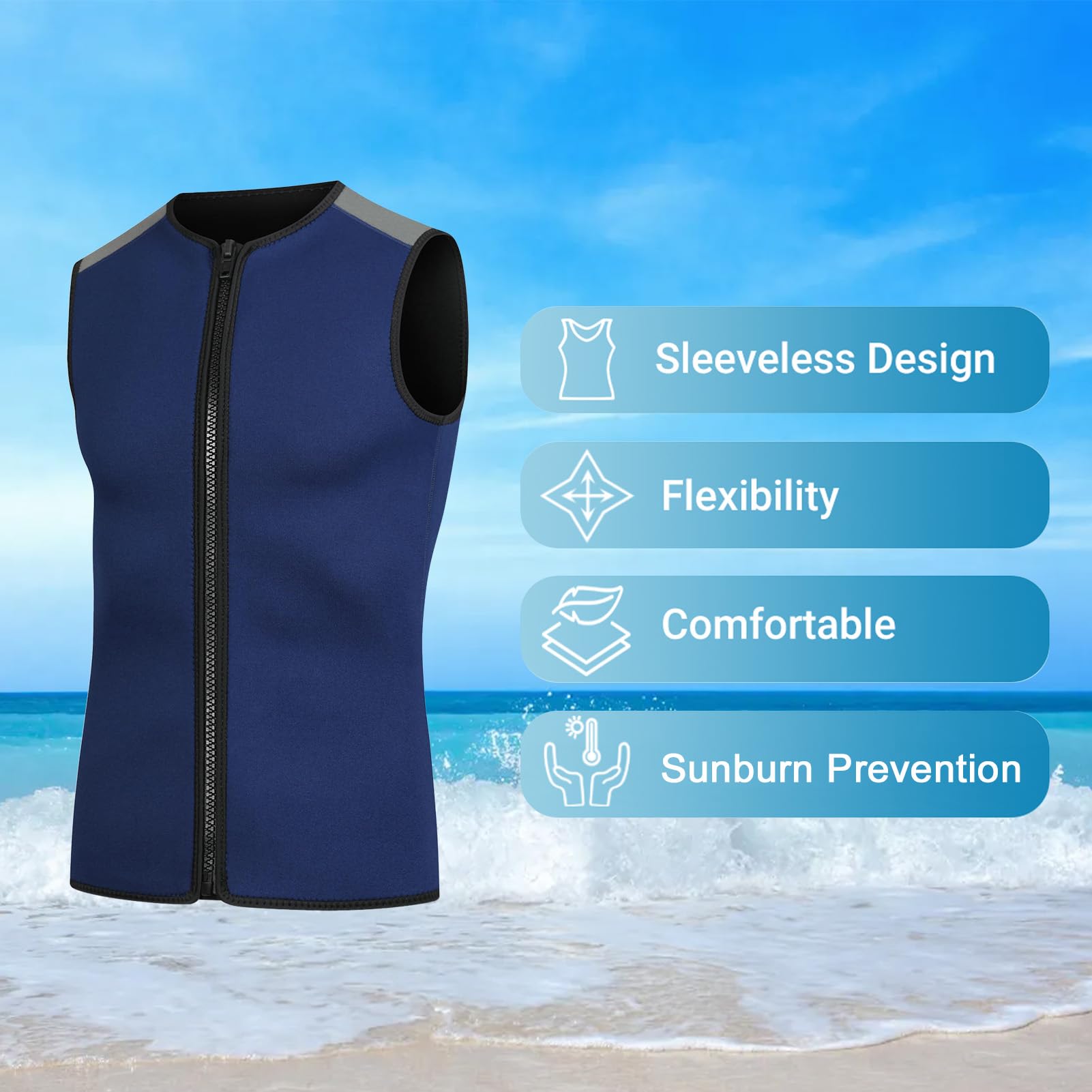 Chaleco de neopreno para hombre, sin mangas, con cremallera frontal de 3 mm, chaleco térmico para natación, esnórquel, surf, buceo