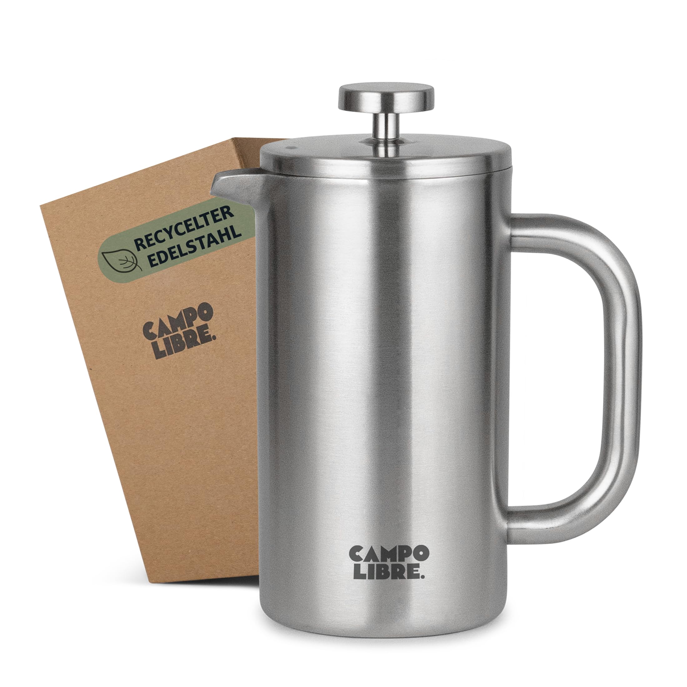 Campo Libre.® Giorgio. French Press I Kaffeebereiter aus doppelwandigem Edelstahl 0,6l I plastikfreie Kaffeepresse mit Thermofunktion inkl. Ersatzfilter I Kaffeezubereiter I 100% recycelter Edelstahl