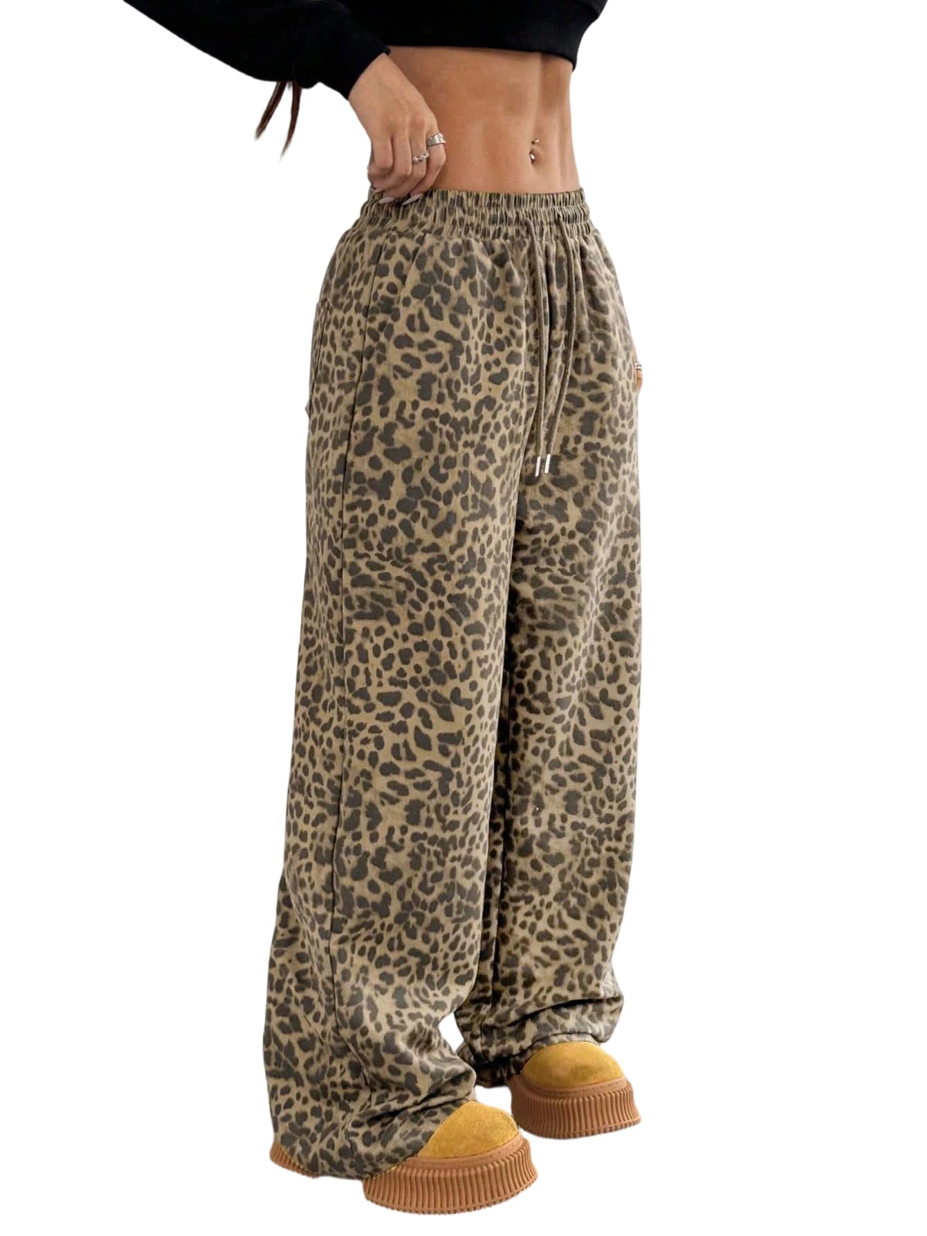 SOLY HUX Womens Leopard Pants Drawstring Elastic Waist Wide Leg Palazzo Baggy Sweatpants