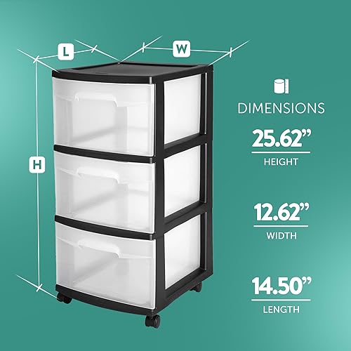 Miniatura 3 de Sterilite 28309002 Carrito de 3 cajones marco negro con cajones transparentes y ruedas negras paquete de 2