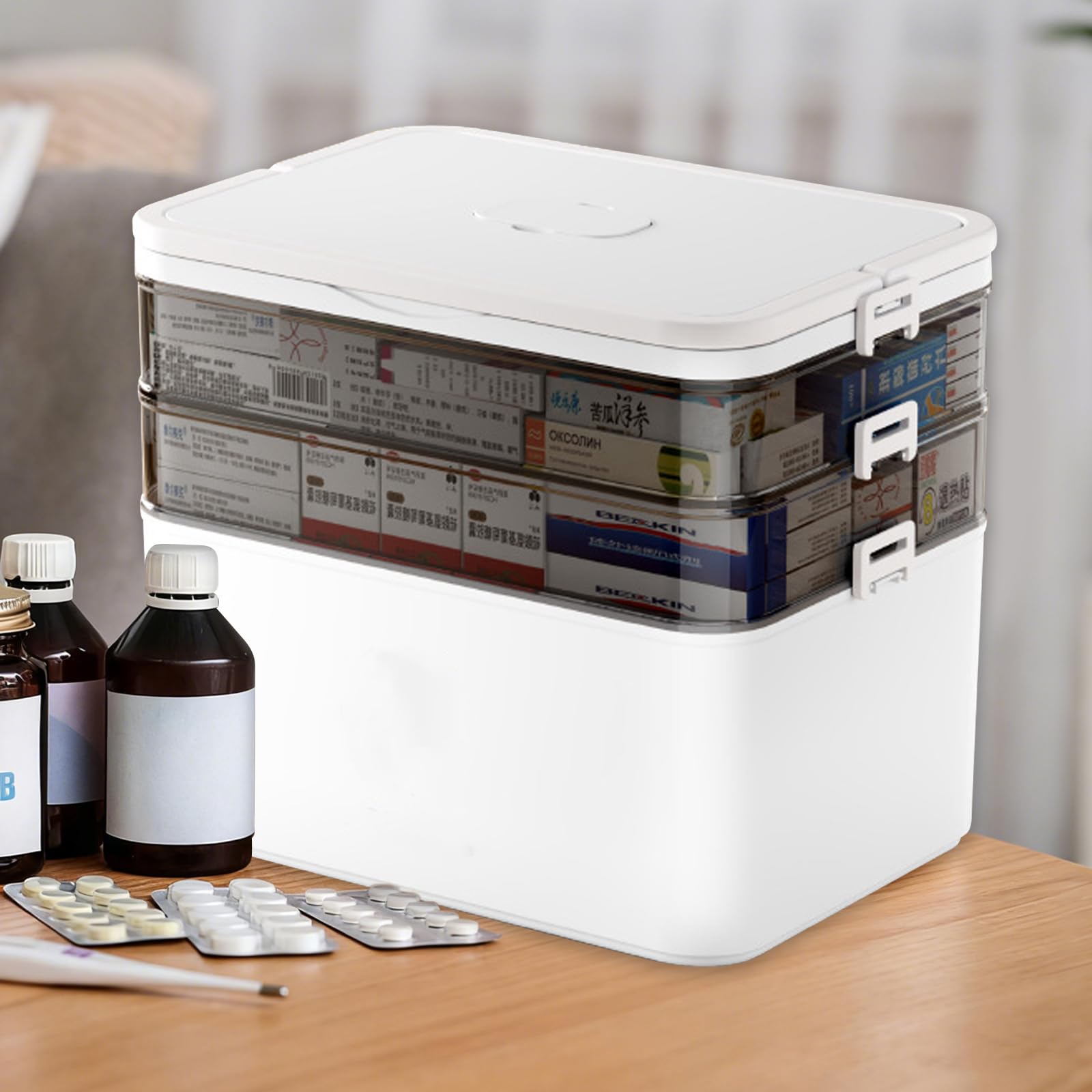 3 niveles de almacenamiento para medicamentos, maletín de medicamentos, caja de almacenamiento con tapa, caja de emergencia familiar, caja de medicamentos con asa portátil, 31 × 16,5 × 25,5