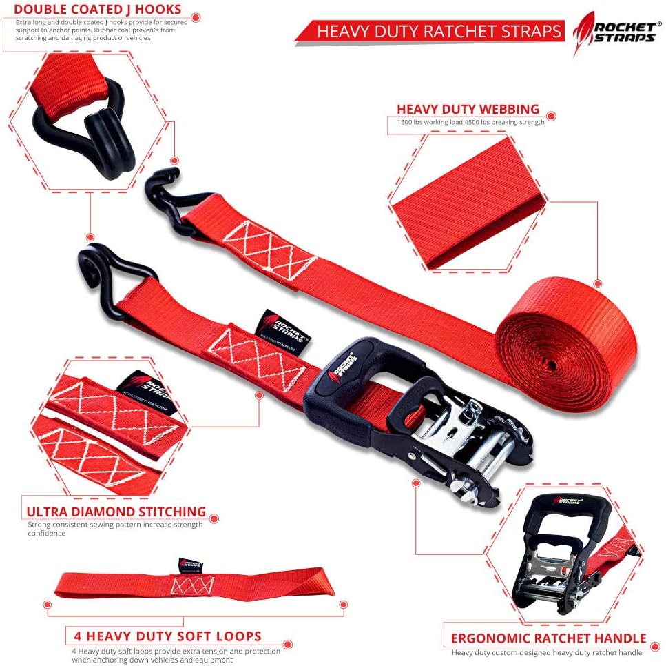 Rocket Straps - Heavy Duty Ratchet Straps 1500 lbs Working Load 4500 lbs Break Strength | Rubber Coated Double J Hooks | Ergonomic Ratchet Handle | Tie Down Straps Include 4 Soft Loops and Bag