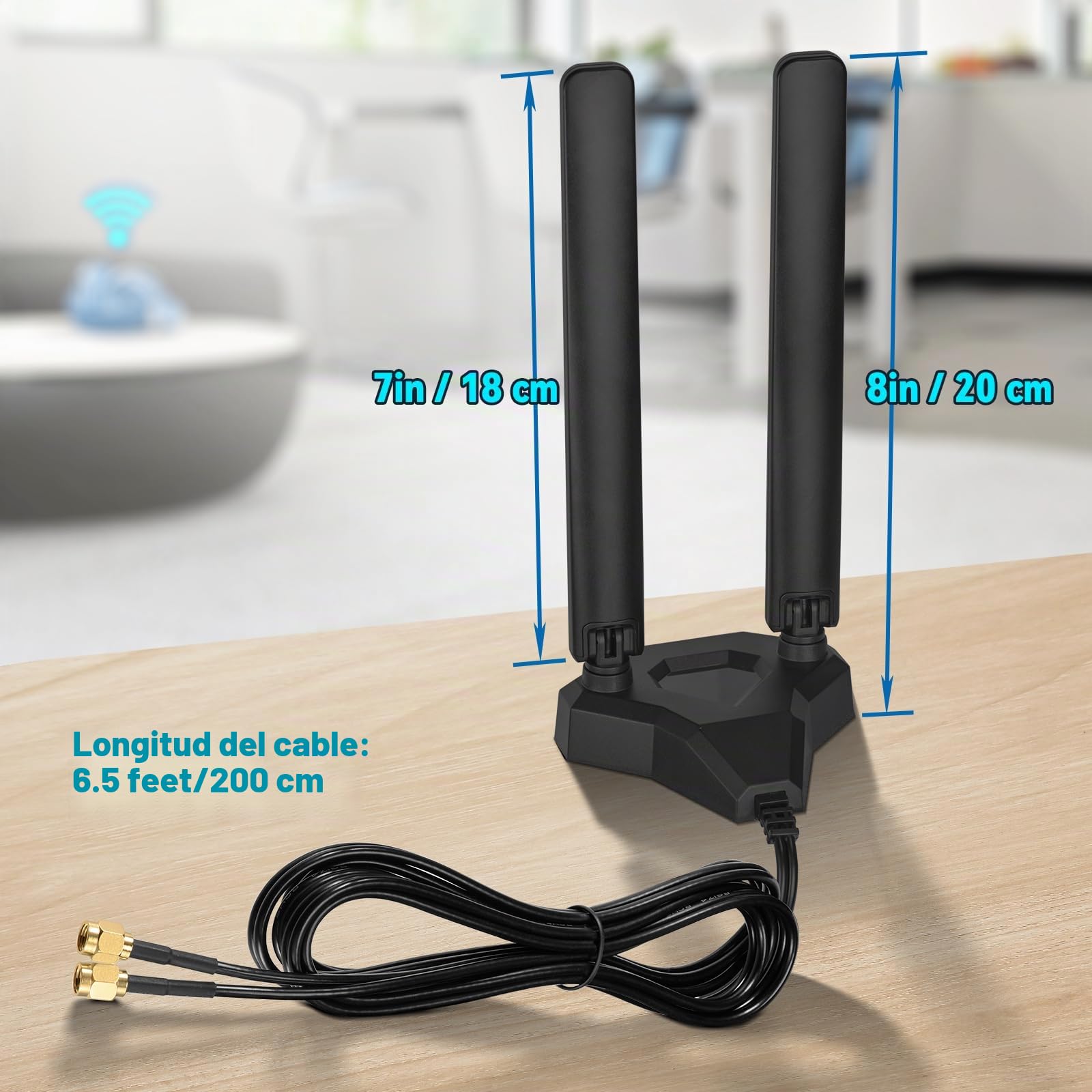 Eightwood Antena WiFi 6E Tri-Band 6GHz 5GHz 2.4GHz Antena WiFi para Juegos Base magnética con Cable de extensión de 6.5 pies para PC de Escritorio, Tarjeta PCIe WiFi 6E, Router WiFi