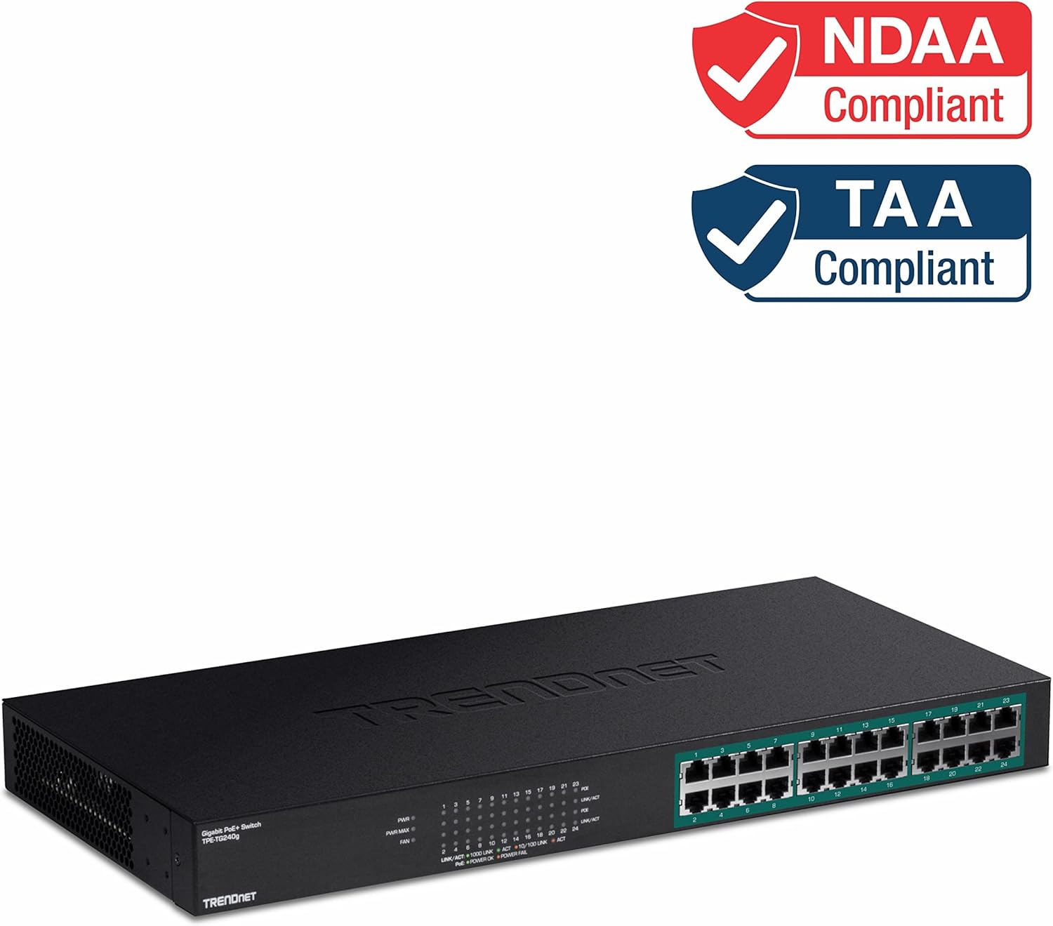 TRENDnet 24-Port Gigabit PoE+ Switch, 24 x Gigabit PoE+ Ports, 370W Power Budget, 48Gbps Switch Capacity, RackMount Kit Included, Ethernet Network Switch, Metal, Lifetime Protection, Black, TPE-TG240G