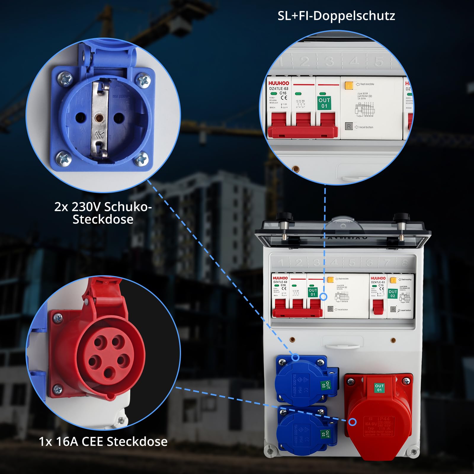 CAMWAY Baustromverteiler, Stromverteiler mit LS+FI, 2x 230V Schuko, 1x 16A CEE Steckdosen Professionelle Verdrahtung, IP66 Wasserdicht,Robuste ABS Wandverteiler für Innen & Außen Industrie Garten Haus