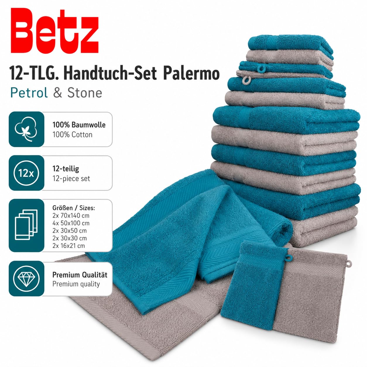 Betz Lot de 12 pièces 100% Coton Palermo 2 draps de Bain 4 Serviettes de Toilette 2 d'invités 2 lavettes 2 Gants de Toilette Couleur Bleu pétrole et Gris Pierre