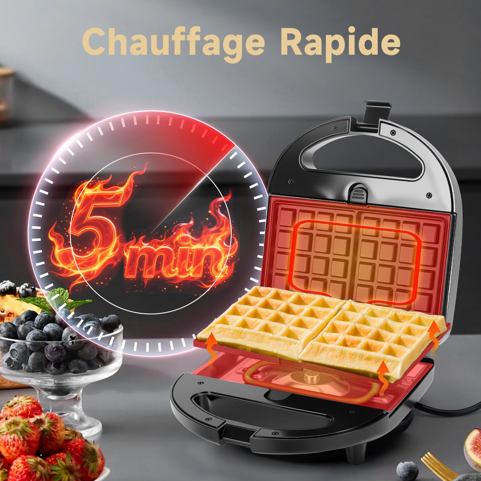 Aigostar gaufrier 3 en 1 : Presse à Paninis et appareil à sandwichs avec 3 Plaques Antiadhésives et Interchangeables, Thermostat Automatique, Grande puissance de 750W