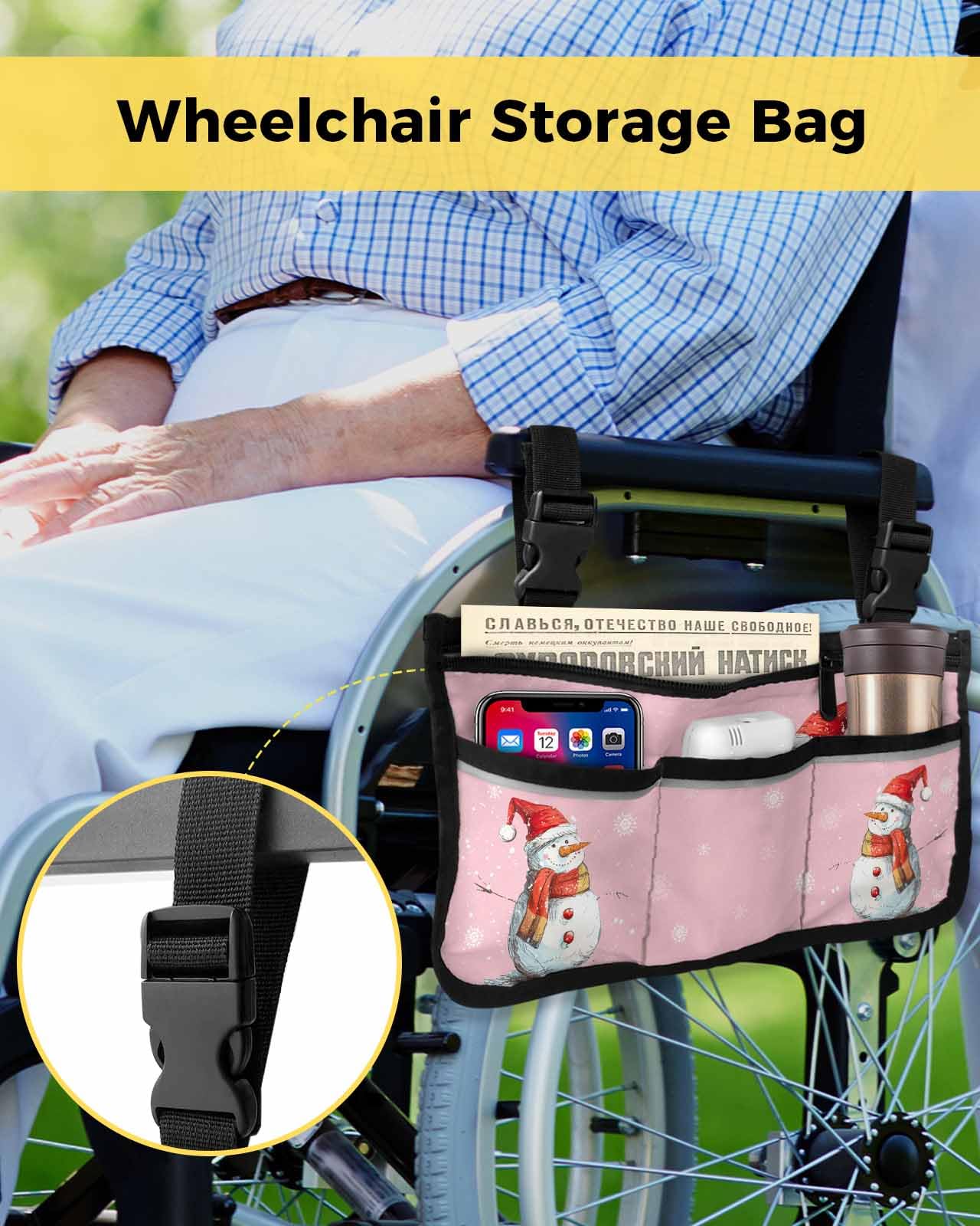 Christmas Wheelchair Side Storage Bag Red Hat Snowman Snowflake Pink Armrest Pouch with Cup Holder and Reflective Strip Wheelchair Accessories Organizer Bags for Walkers Rollator