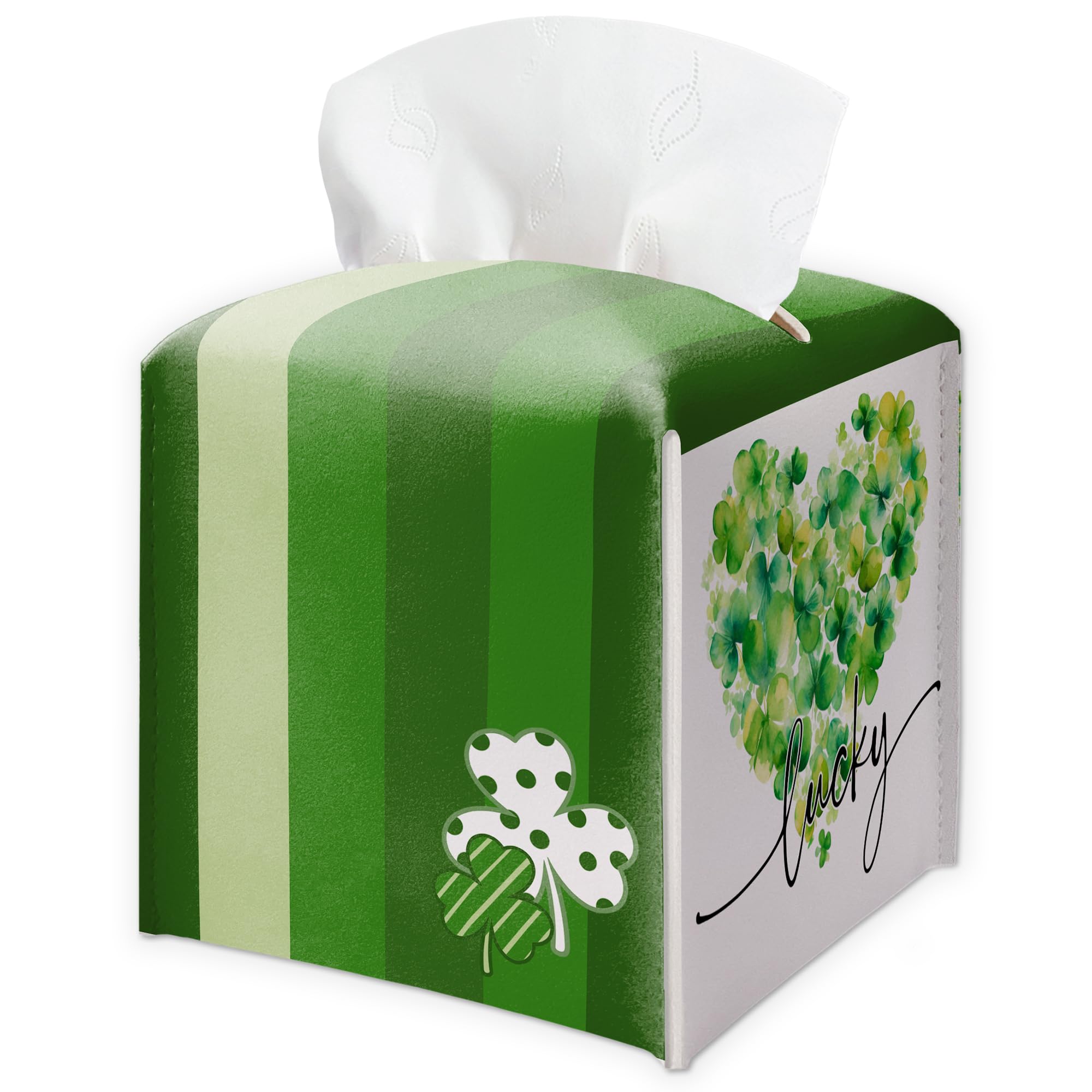 St. Patrick's Day PU Leather Tissue Box Cover - Green Heart Lucky Decorative Tissue Holder - Festival Waterproof Dispenser Box - Facial Paper Organizer Home Decor for Living Room, Bathroom, Office-A05