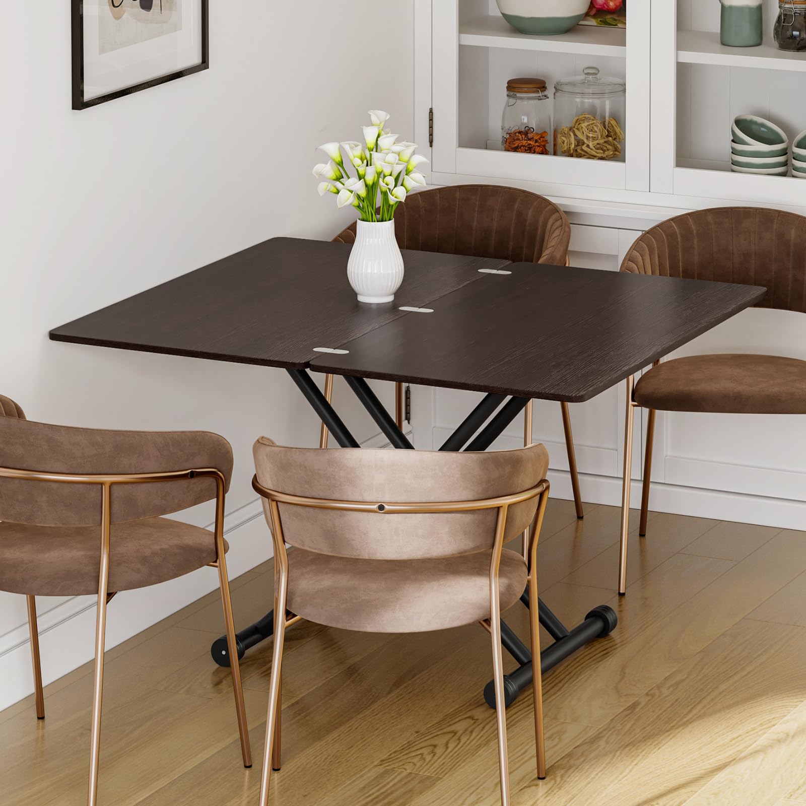 Mesa de Centro Elevable y Extensible, Mesa de Café 3 en 1 con Superficie Extensible para Comedor, Sala de Estar y Oficina,Nogal Negro