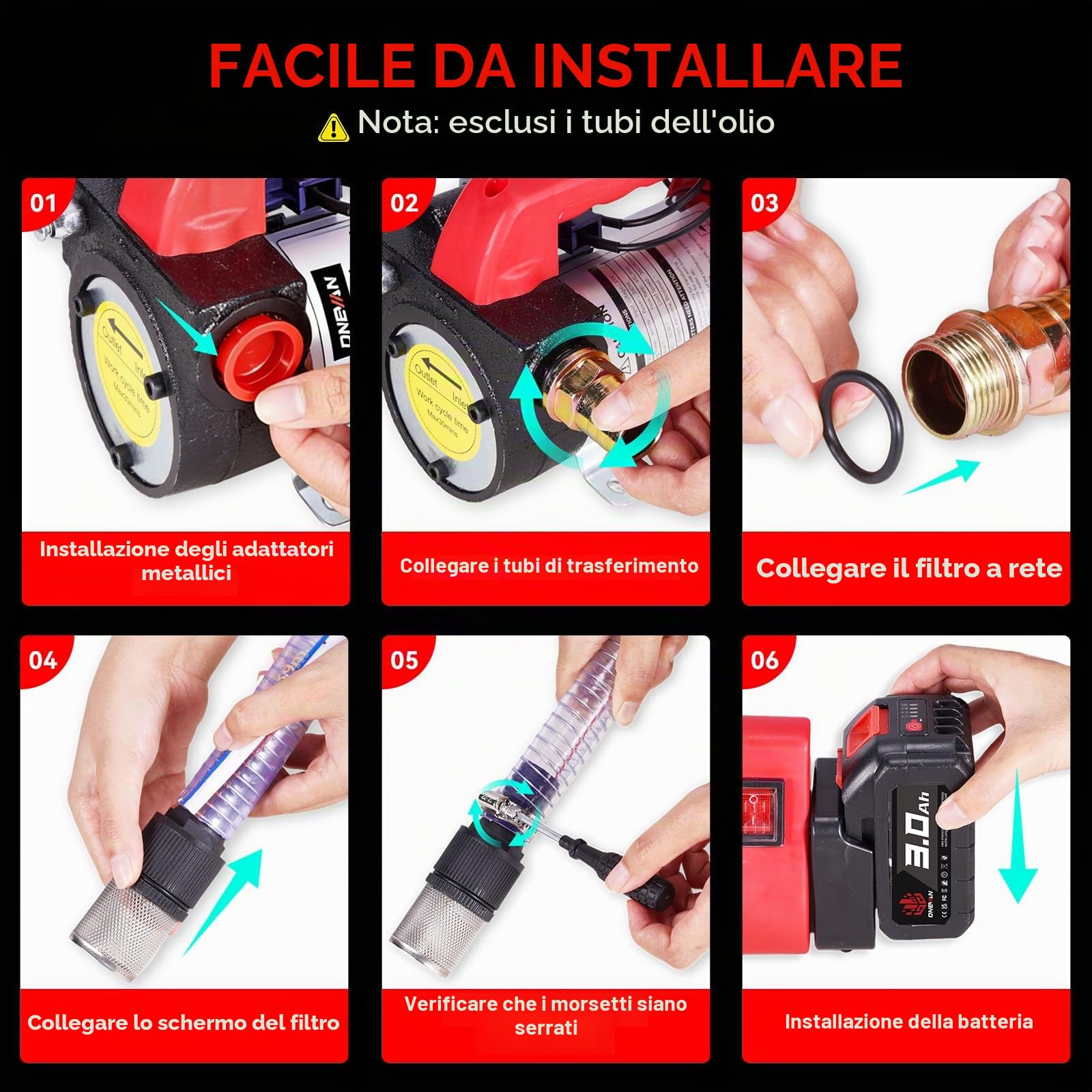 ONEVAN Pompa diesel elettrica 50 l/min, pompa del carburante senza fili e pompa diesel portatile con 2 batterie da 3,0 Ah, per diesel e cherosene (non per acqua/benzina), ideale per trattori, camion
