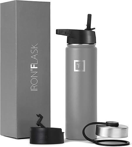 IRON FLASK Botella de agua deportiva de 22 onzas, 3 tapas (tapa con popote), a prueba de fugas, acero inoxidable, para gimnasio y deportes, para